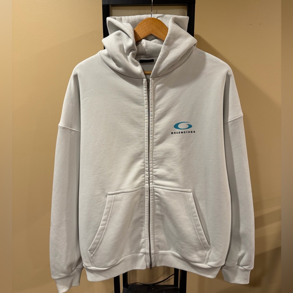 Balenciaga Loop Sport Icon Blue Logo Mol Dirty White Zip Up Hoodie
